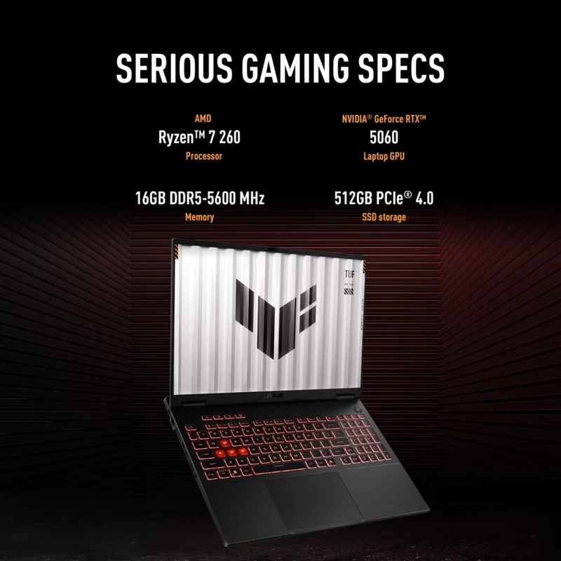 ASUS TUF Gaming A16 FA608UMI-NB73 Gaming Laptop, 16" FHD+ 144Hz Display, AMD Ryzen™ 7 260, NVIDIA GeForce RTX 5060, 16GB RAM, 512GB SSD