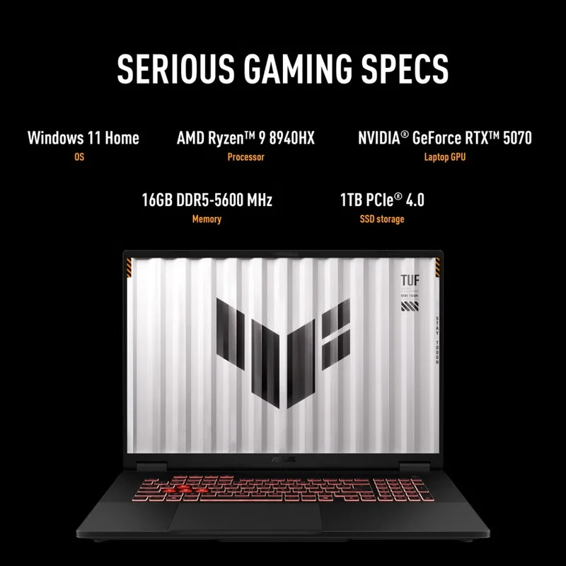 ASUS TUF Gaming A18 FA808PP-NB94 Gaming Laptop, 18" FHD+ 144Hz Display, AMD Ryzen 9 8940HX, NVIDIA GeForce RTX 5070, 16GB RAM, 1TB SSD
