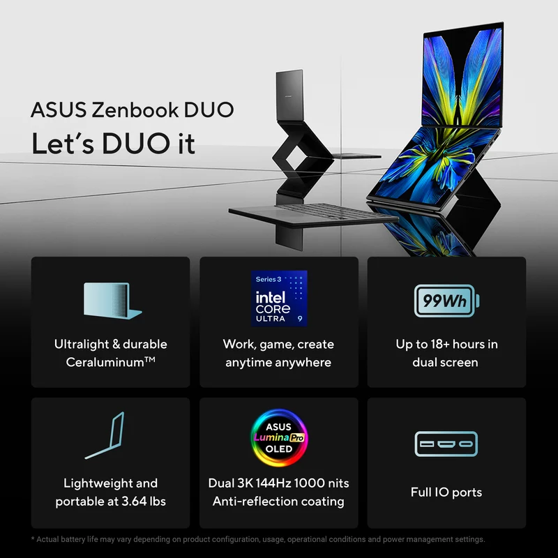 ASUS Zenbook DUO UX8407AA-DS99T, Dual 14” OLED 3K 144Hz Touch Display, Intel Core Ultra 9 386H, Intel Graphics, 32GB RAM, 1TB SSD