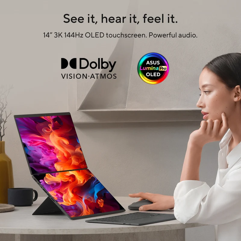 ASUS Zenbook DUO UX8407AA-DS99T, Dual 14” OLED 3K 144Hz Touch Display, Intel Core Ultra 9 386H, Intel Graphics, 32GB RAM, 1TB SSD