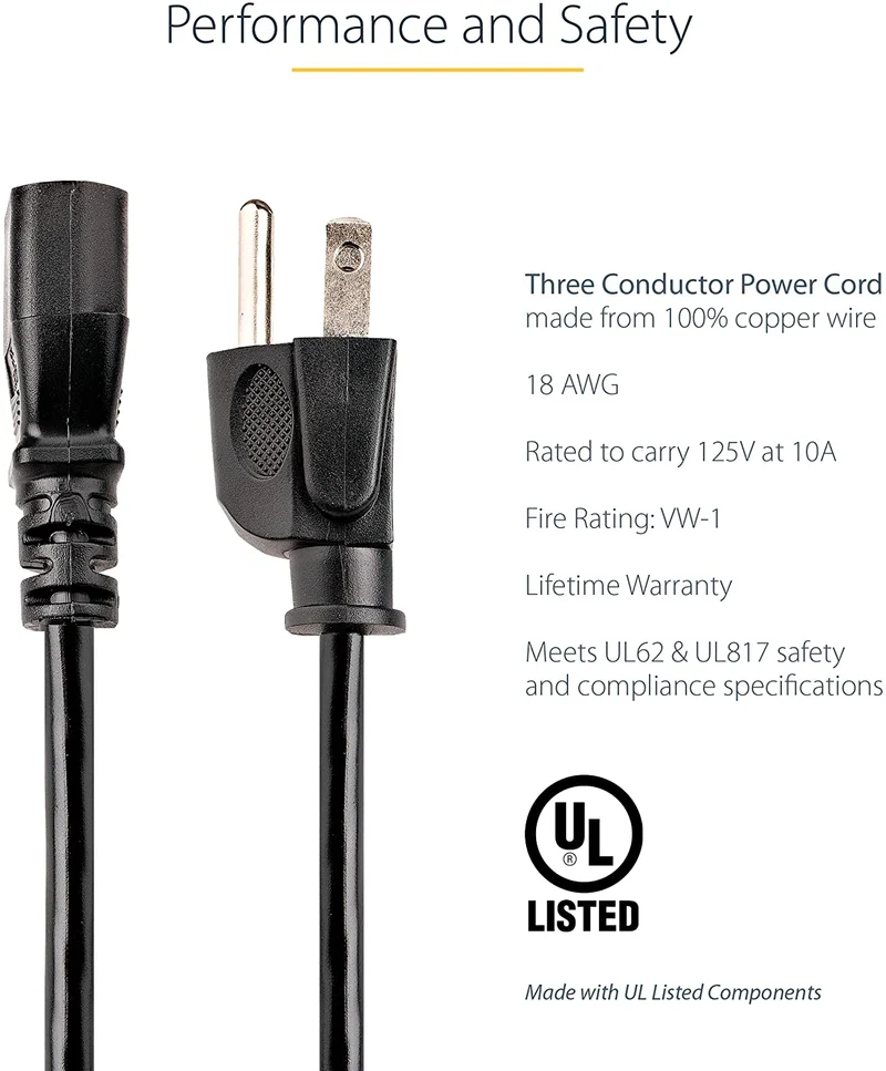 XOTIC PC Desktop Power Cable 3 Pin Connector Universal Power Cord