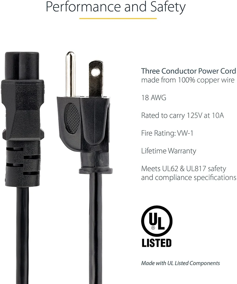XOTIC PC Laptop Power Cord, NEMA 1-15P to C5 (Mickey Mouse), 10A 125V, 18AWG Laptop Replacement Cord