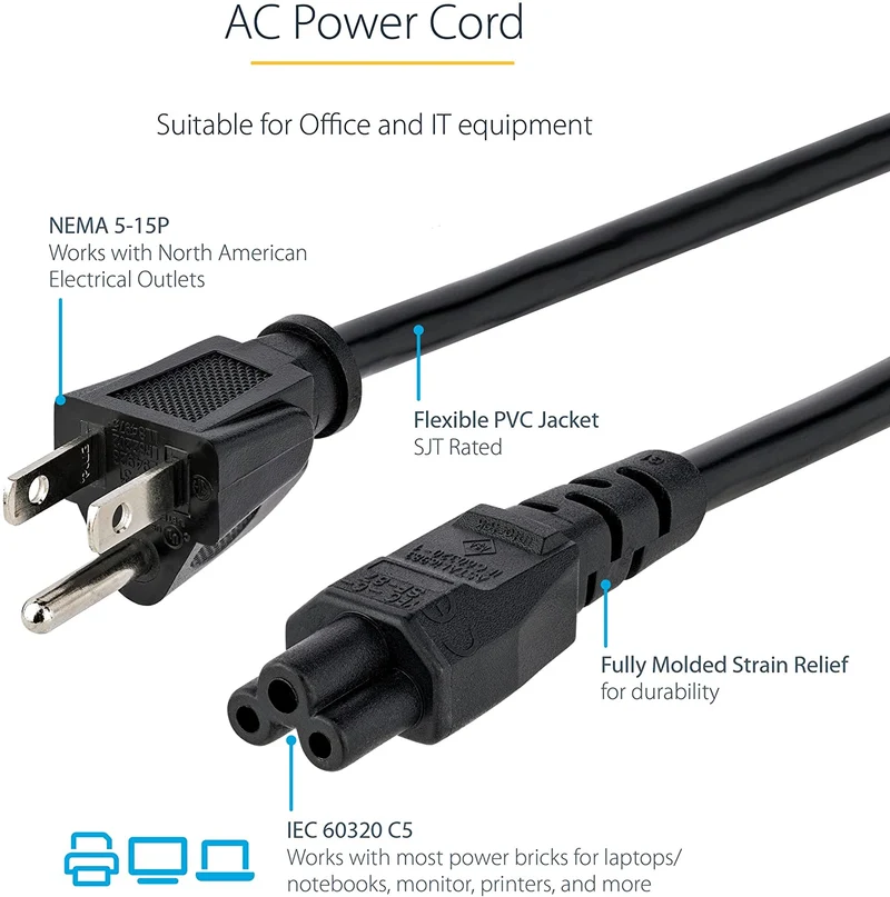 XOTIC PC Laptop Power Cord, NEMA 1-15P to C5 (Mickey Mouse), 10A 125V, 18AWG Laptop Replacement Cord